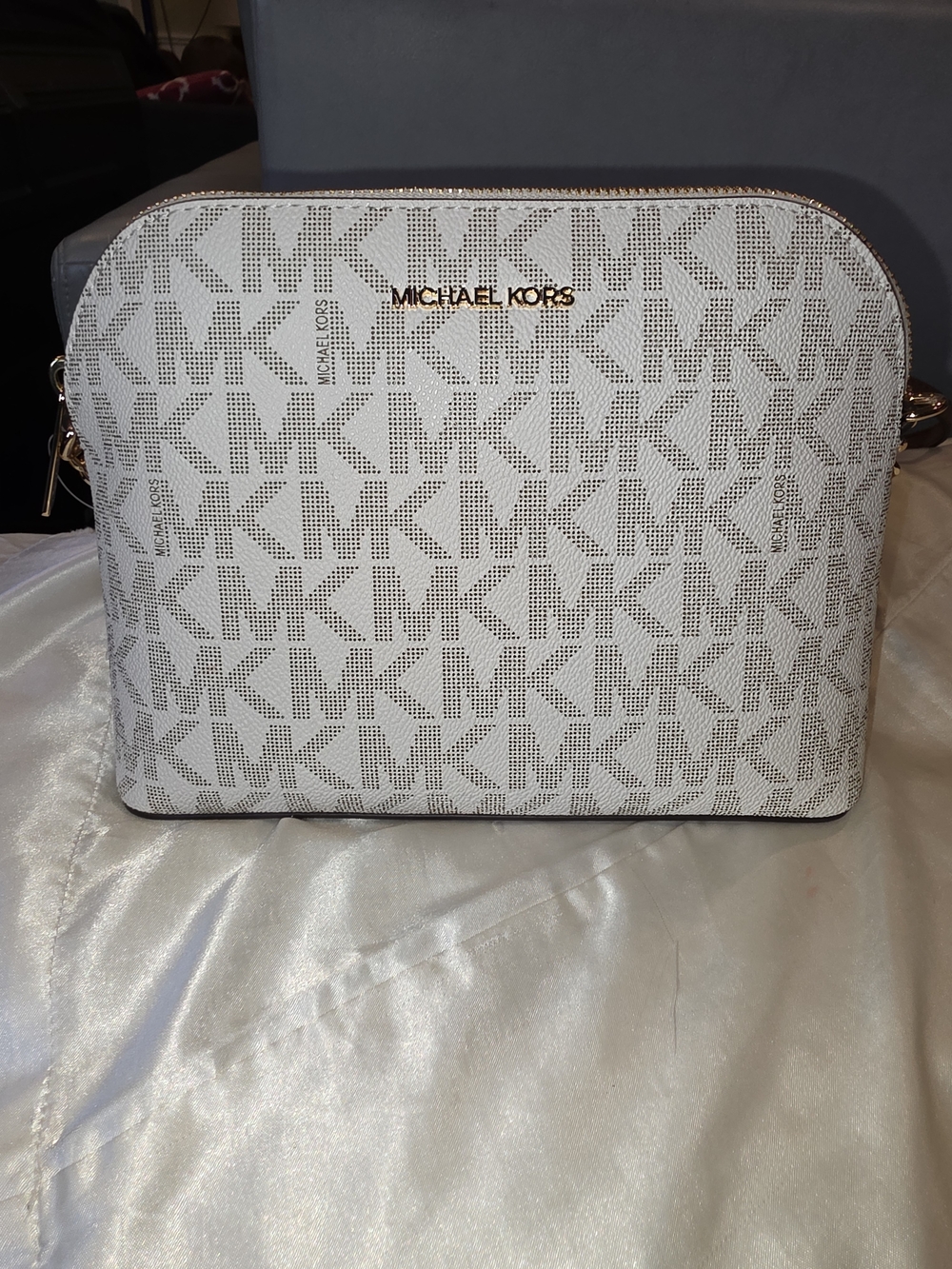 Michael Kors White Logo Dome Crossbody with Gold Hardware